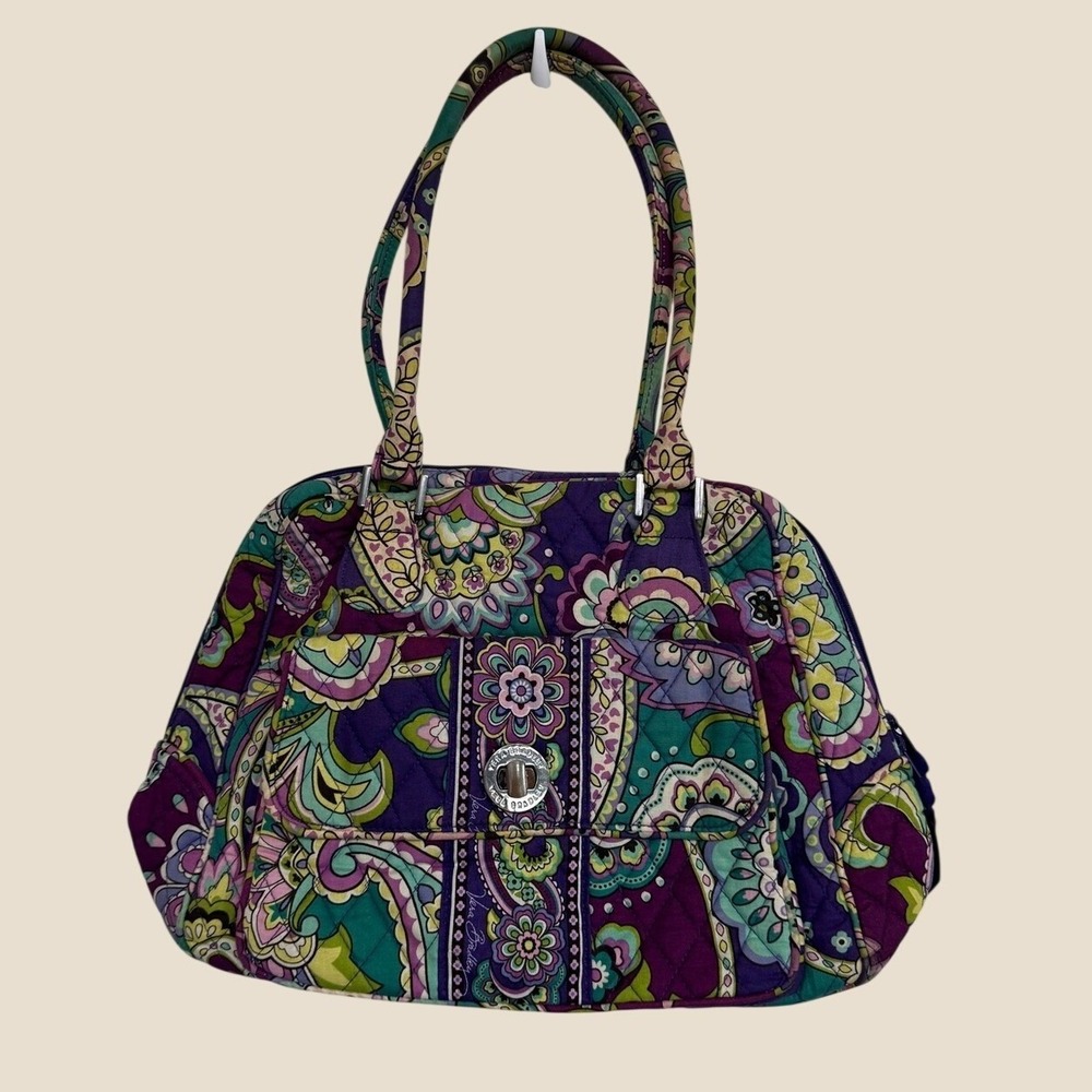 Vera Bradley Heather Retired Quilted Floral Turn Lock Satchel Purple and Teal